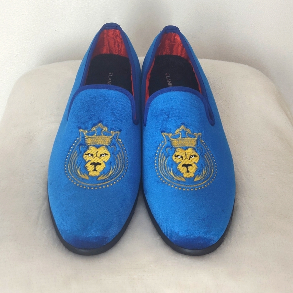 ELANROMAN Loafers Men Velvet Shoes Fashion Embroidered Size 46 (Size 13) Blue
